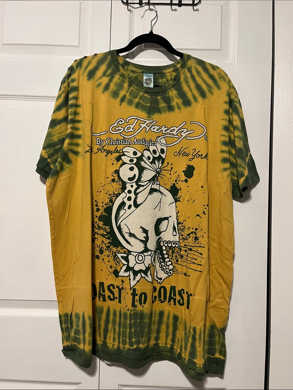 Ed Hardy Yellow & Green Tie-Dye Skull Graphic Tee XXL